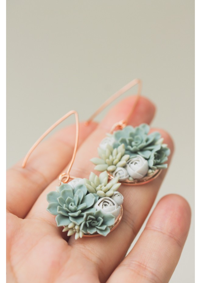 Handmade Gray‑Green Succulent Earrings (Polymer Clay, Rose Gold)