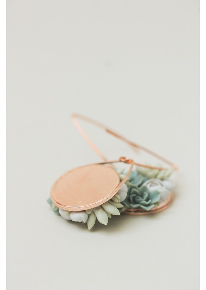 Handmade Gray‑Green Succulent Earrings (Polymer Clay, Rose Gold)