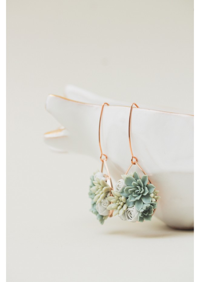Handmade Gray‑Green Succulent Earrings (Polymer Clay, Rose Gold)