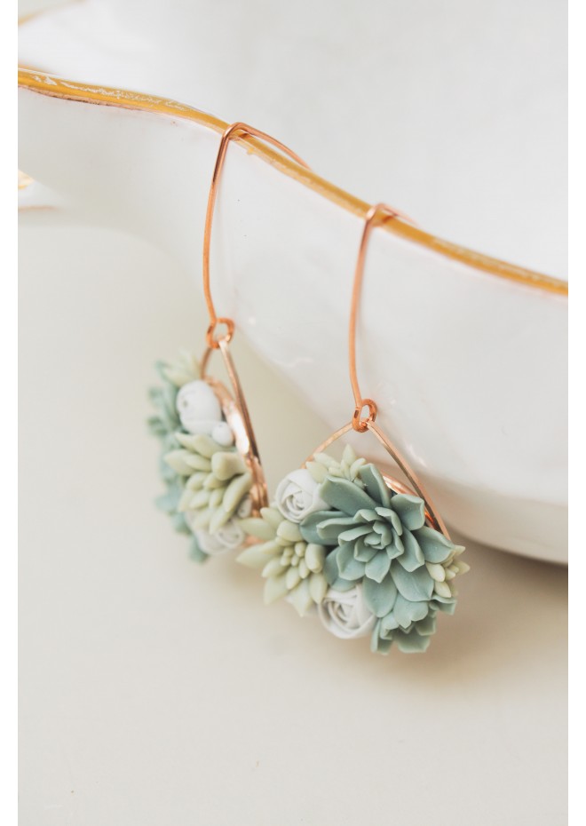 Handmade Gray‑Green Succulent Earrings (Polymer Clay, Rose Gold)