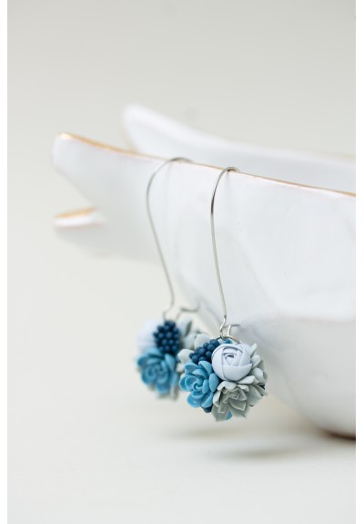 Blue Succulent Earrings – Handmade Polymer Clay Bouquet Ball on Long Stainless Steel Hooks