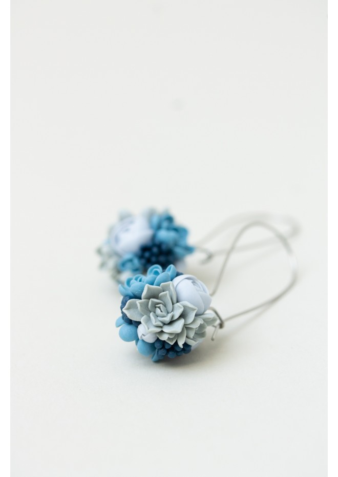 Handmade Blue and Gray Succulent Earrings (Polymer Clay)