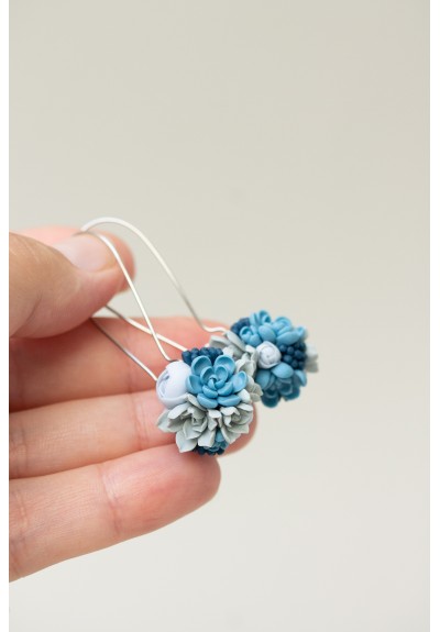 Blue Succulent Earrings – Handmade Polymer Clay Bouquet Ball on Long Stainless Steel Hooks