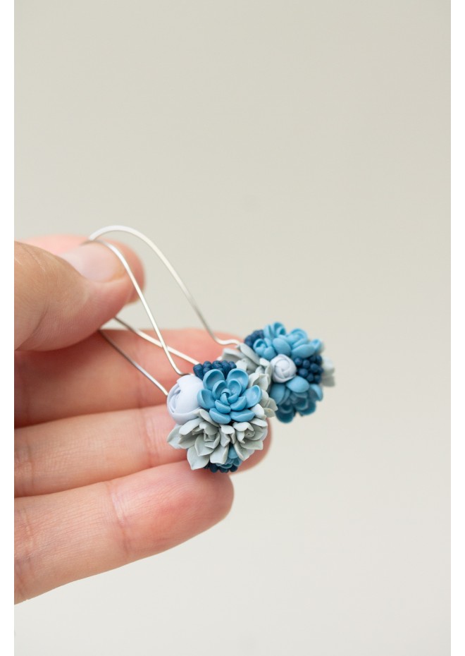 Handmade Blue and Gray Succulent Earrings (Polymer Clay)