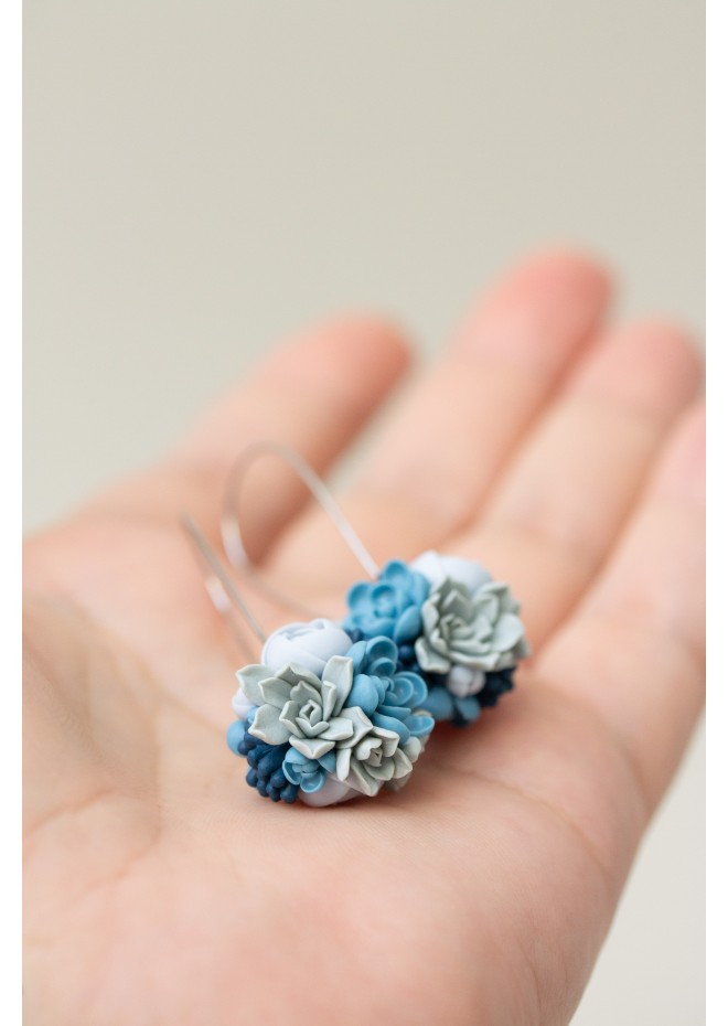 Handmade Blue and Gray Succulent Earrings (Polymer Clay)