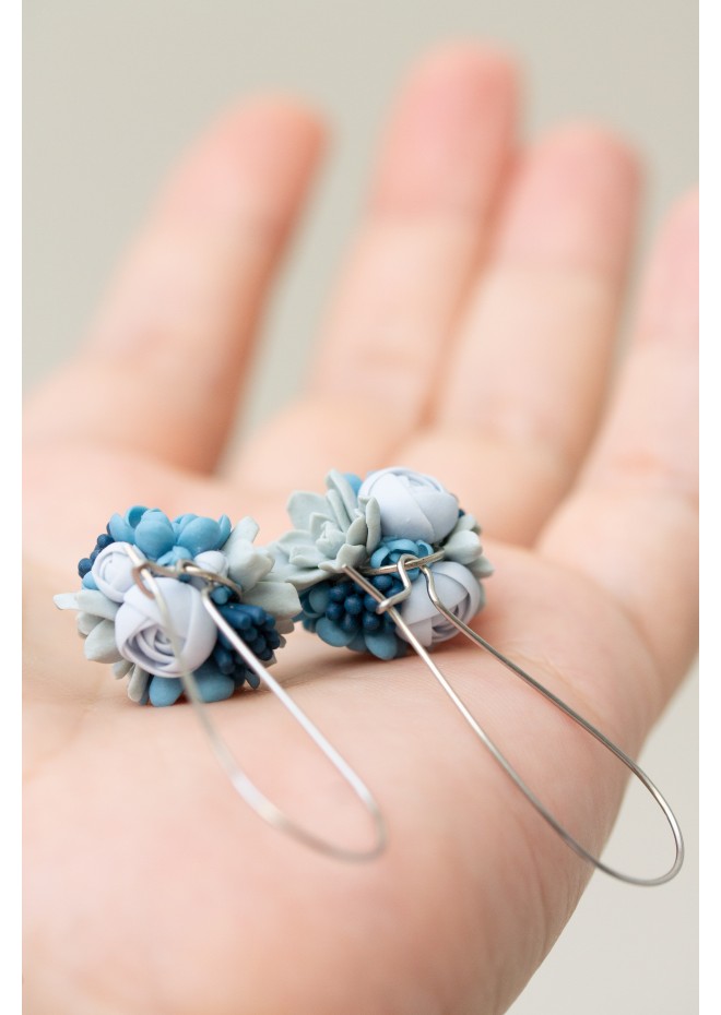Handmade Blue and Gray Succulent Earrings (Polymer Clay)