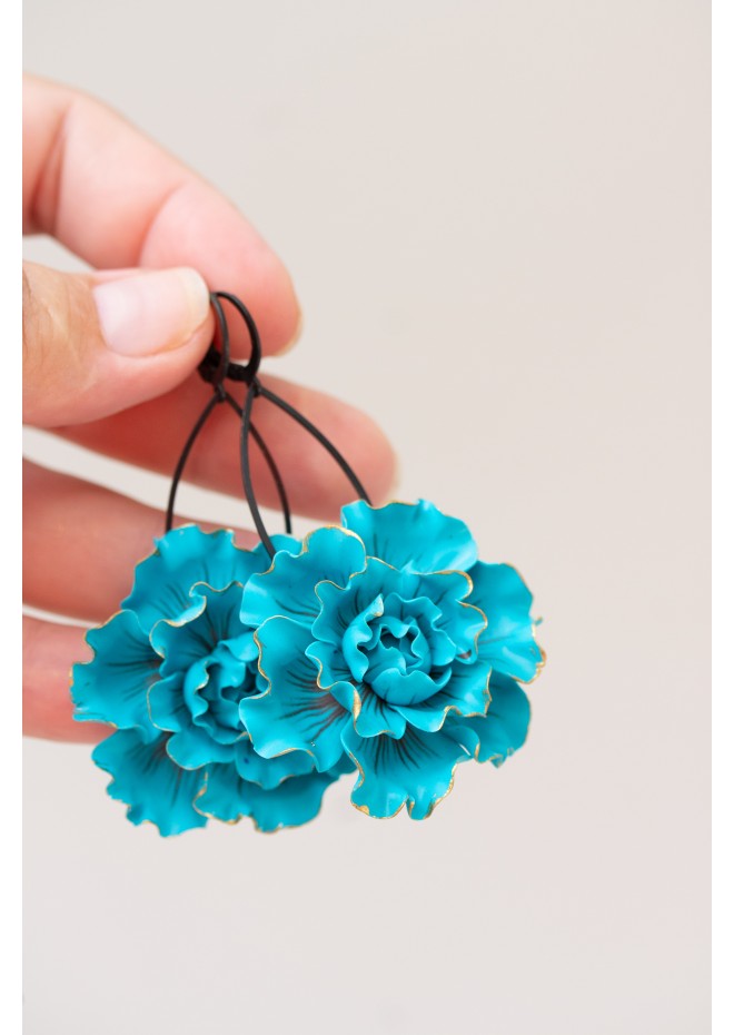 Blue gold Flowers Statement earrings, polymer clay earrings