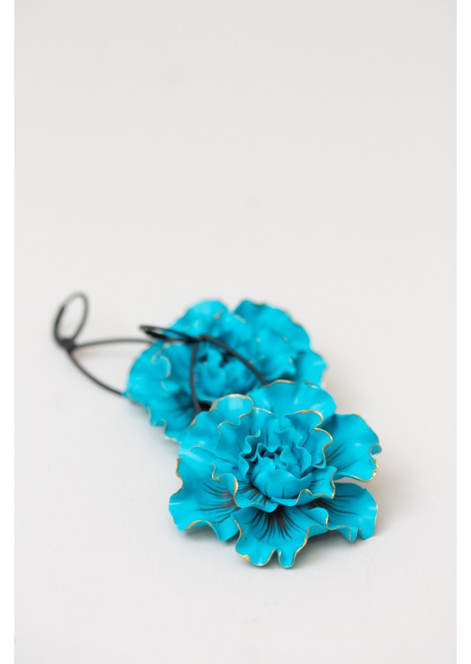 Blue gold Flowers Statement earrings, polymer clay earrings