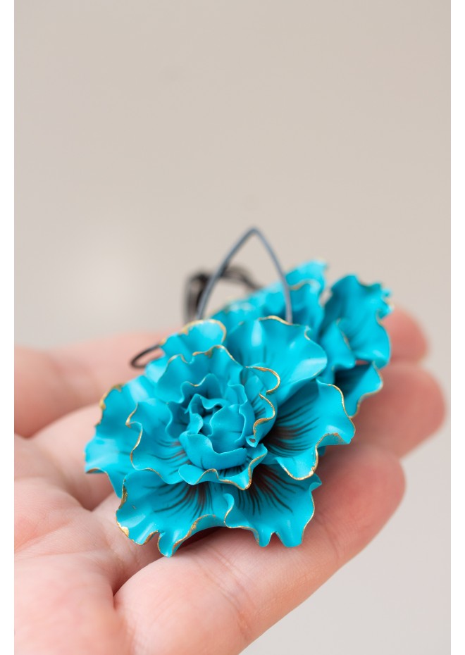 Blue gold Flowers Statement earrings, polymer clay earrings