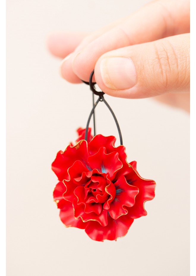 Red gold Flowers Statement earrings, polymer clay earrings