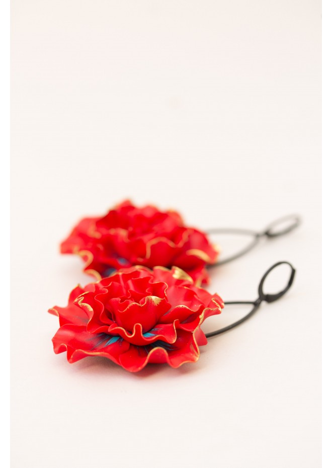 Red gold Flowers Statement earrings, polymer clay earrings