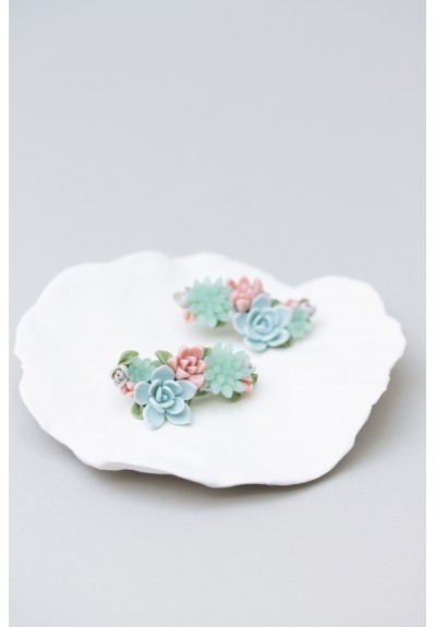 Blue, Pink, and Green Succulent Echeveria Cuff Earrings