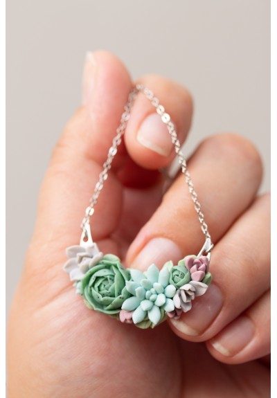 Green, Blue, Pink, and Gray Succulent Necklace