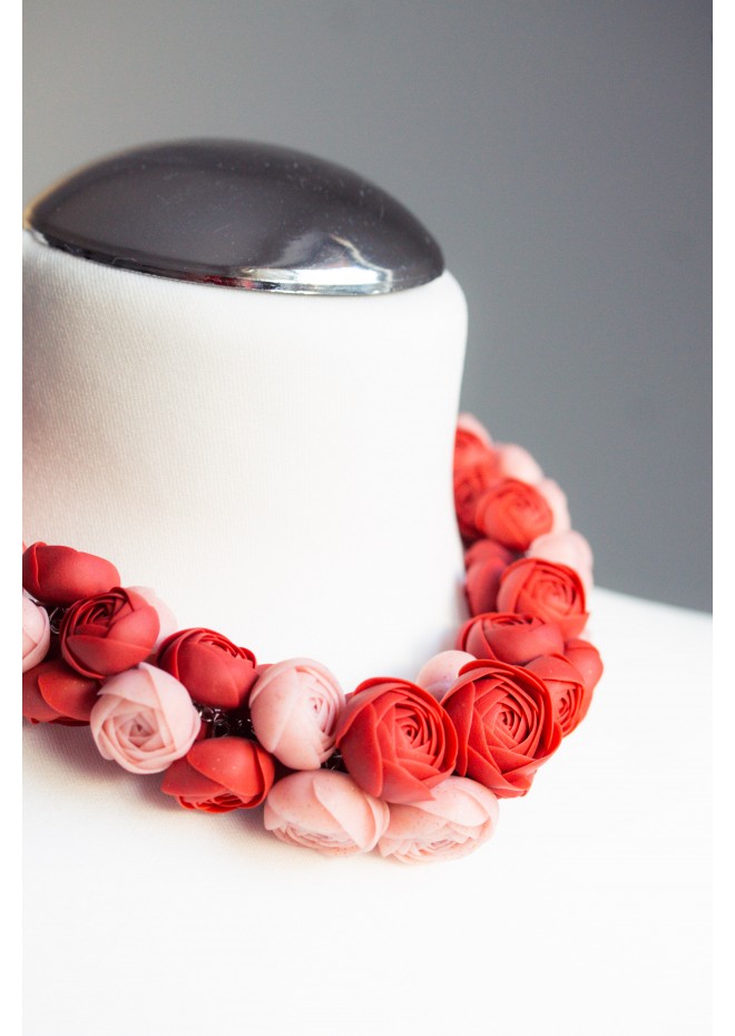 Deep Red Floral Statement Necklace