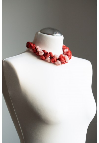 Deep Red Floral Statement Necklace – Unique Handmade Necklace, Sculptural Jewelry