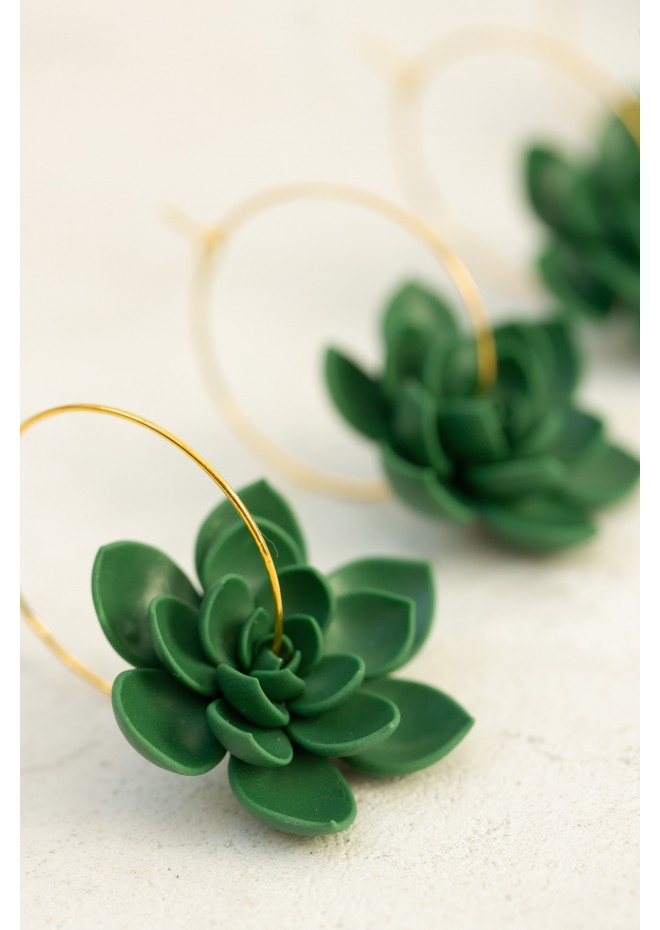 Blue Succulent Flower hoop earrings from polymer clay, 100% handmade
