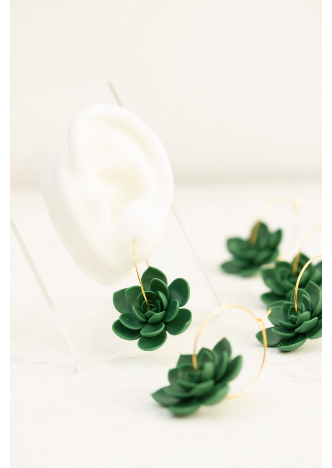 Blue Succulent Flower hoop earrings from polymer clay, 100% handmade