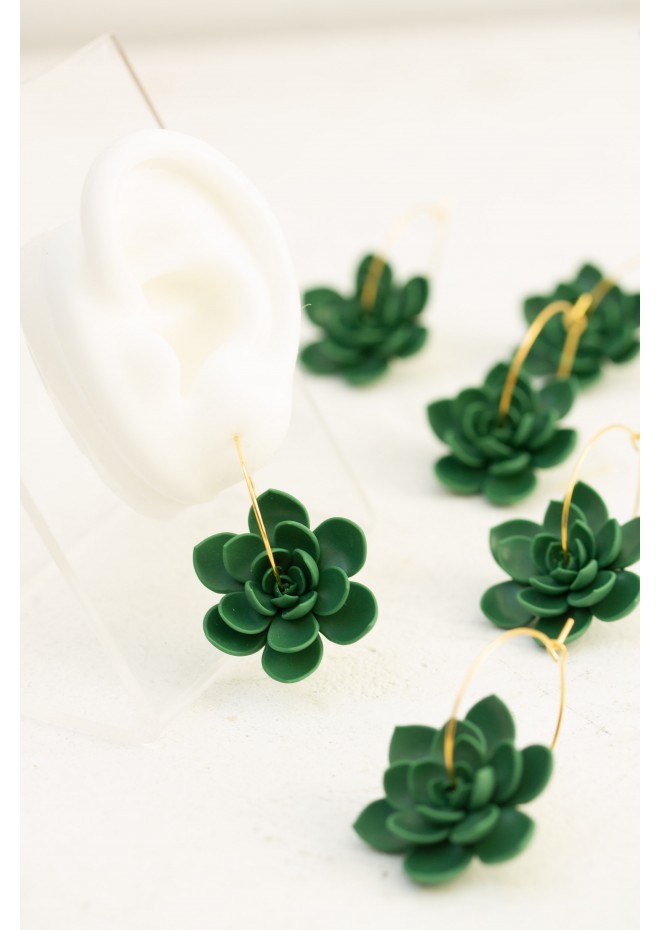 Blue Succulent Flower hoop earrings from polymer clay, 100% handmade