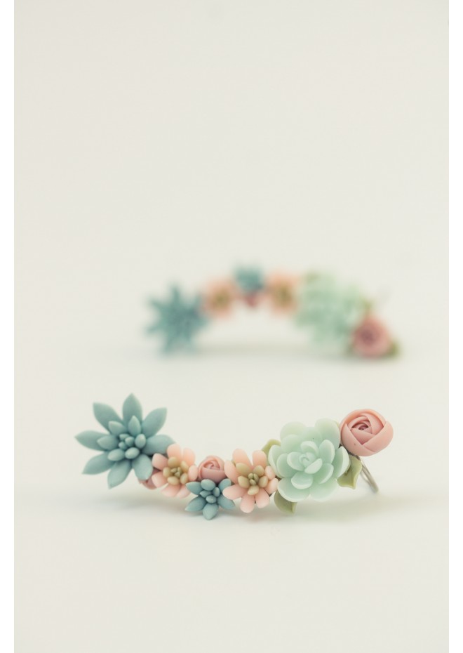 Succulent Echeveria Cuff earrings Grey Blue Purple Succulents dangle earrings, unique floral jewelry, design from EtenIren