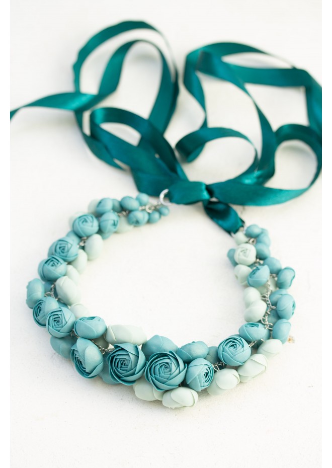 Dusty Teal Floral Statement Necklace