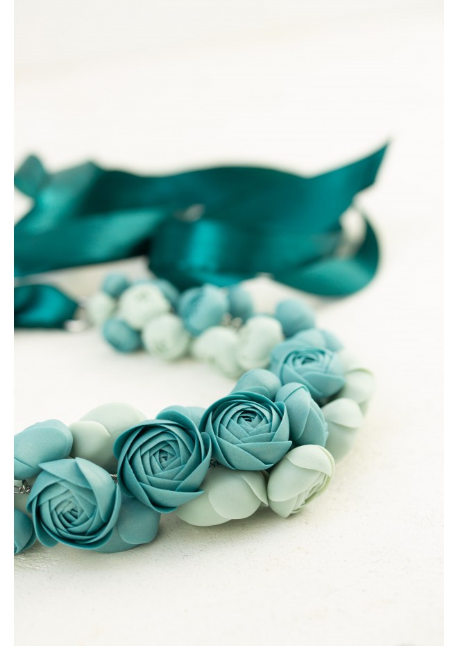 Dusty Teal Floral Statement Necklace