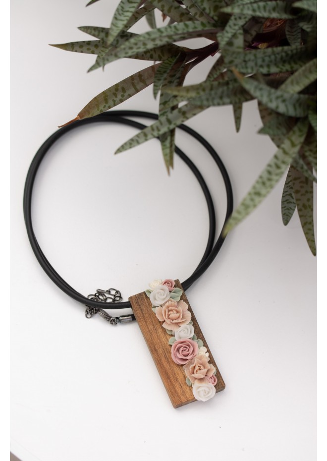 Handmade Floral Bouquet Necklace with Walnut Wood Pendant