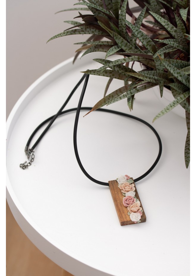 Handmade Floral Bouquet Necklace with Walnut Wood Pendant