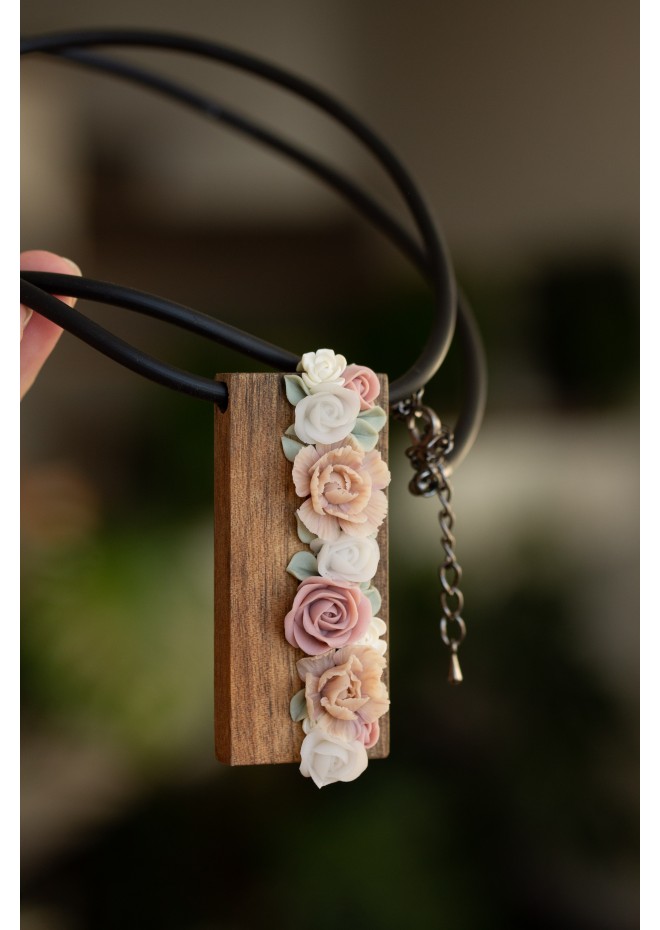 Handmade Floral Bouquet Necklace with Walnut Wood Pendant