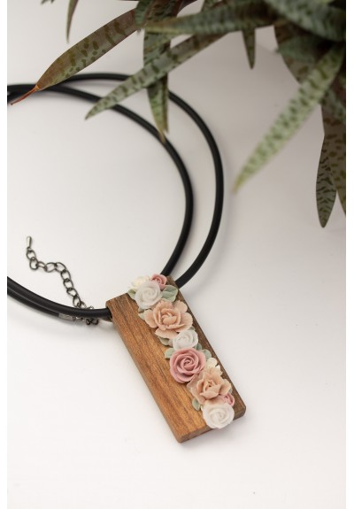 Floral Bouquet Necklace with Walnut Wood Pendant – One of a Kind Handmade Statement Jewelry