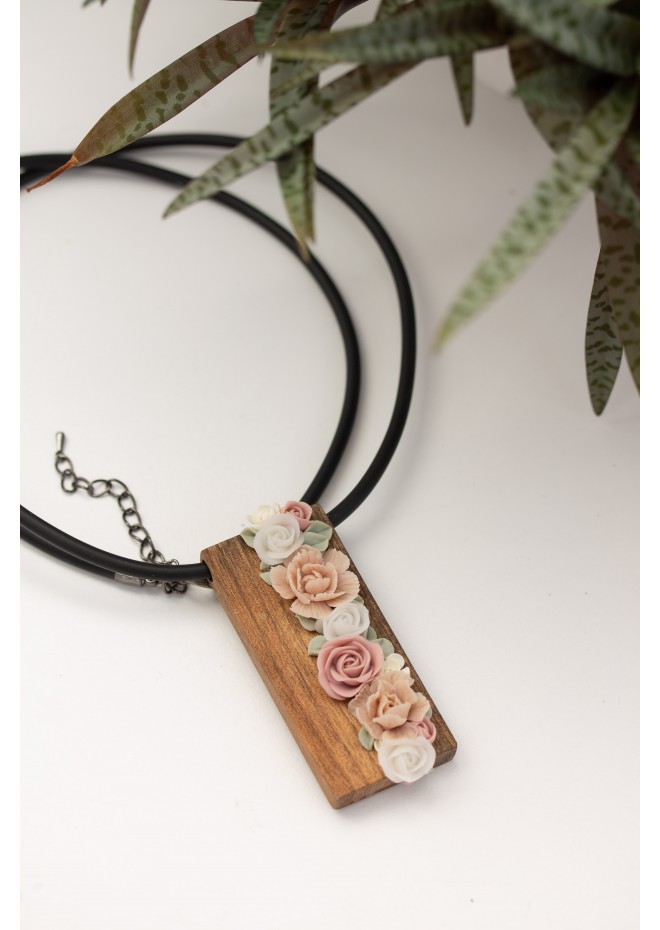 Handmade Floral Bouquet Necklace with Walnut Wood Pendant