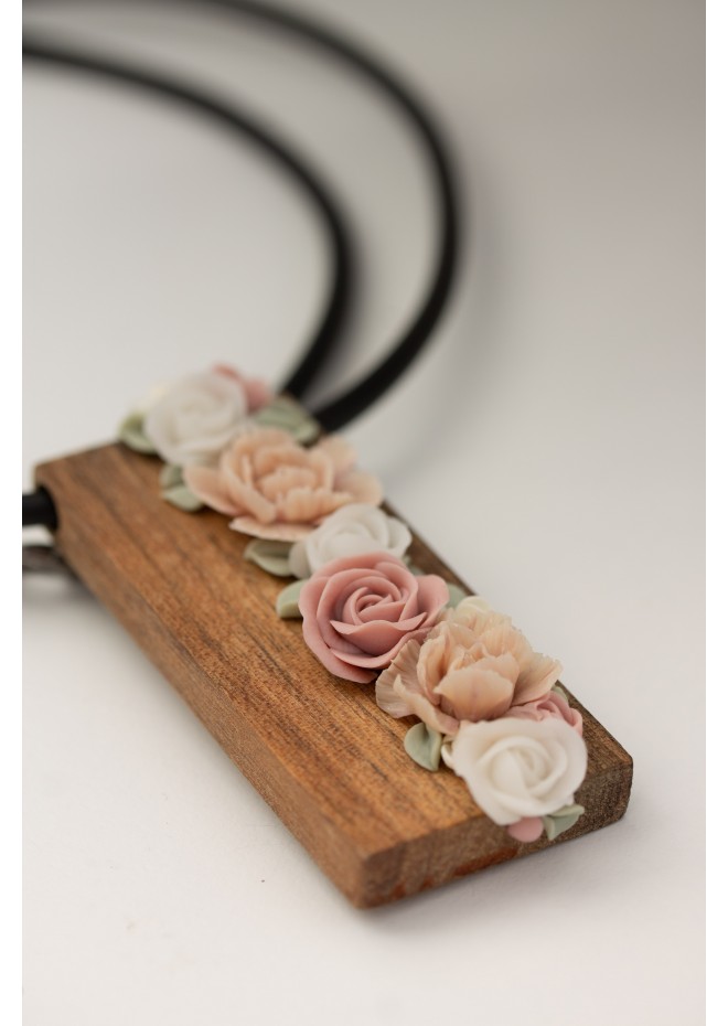 Handmade Floral Bouquet Necklace with Walnut Wood Pendant