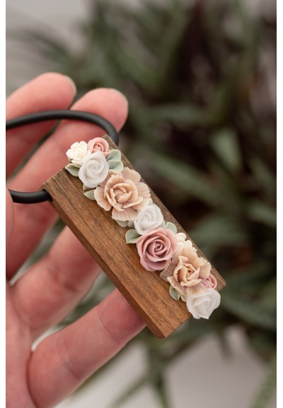 Floral Bouquet Necklace with Walnut Wood Pendant – One of a Kind Handmade Statement Jewelry