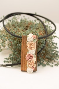 Floral Bouquet Necklace with Walnut Wood Pendant – One of a Kind Handmade Statement Jewelry