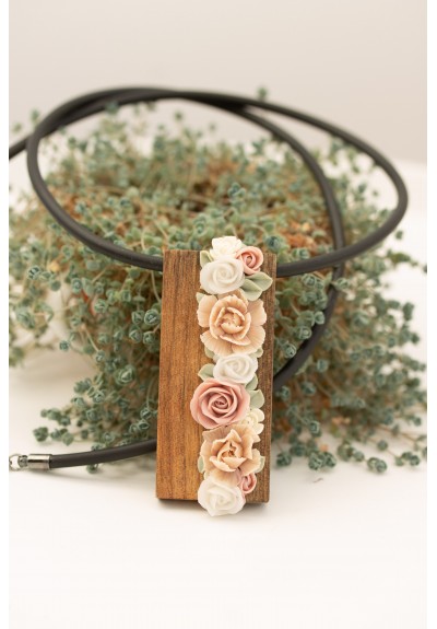 Floral Bouquet Necklace with Walnut Wood Pendant – One of a Kind Handmade Statement Jewelry