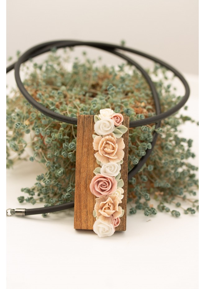 Handmade Floral Bouquet Necklace with Walnut Wood Pendant