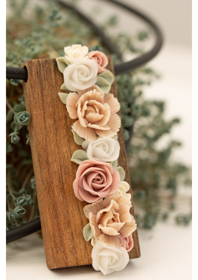Handmade Floral Bouquet Necklace with Walnut Wood Pendant