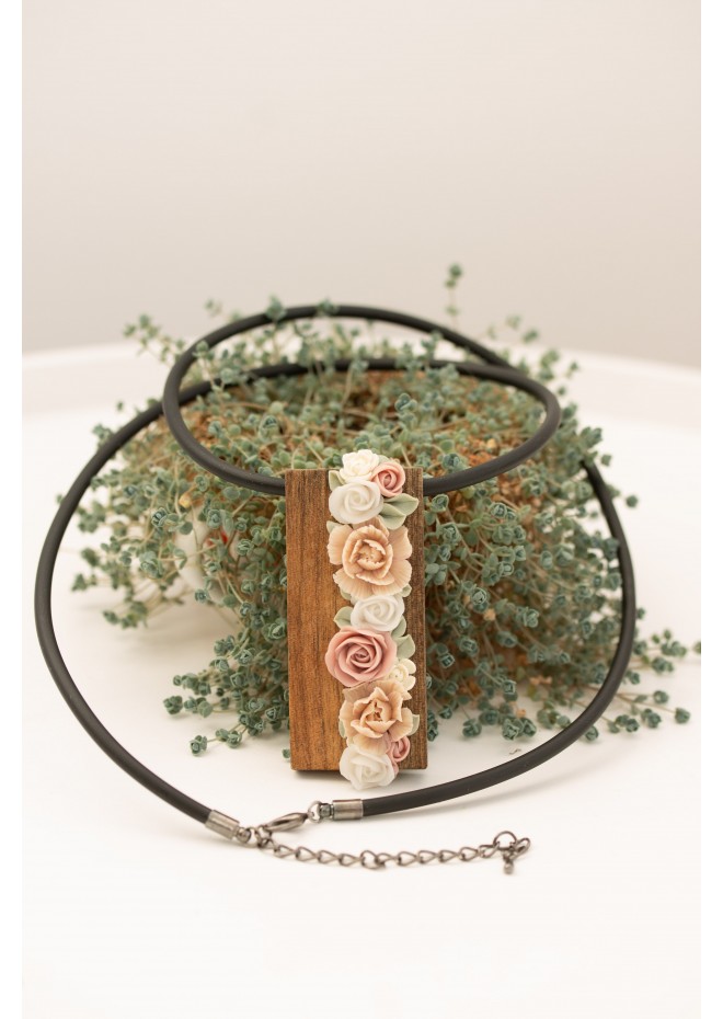 Handmade Floral Bouquet Necklace with Walnut Wood Pendant