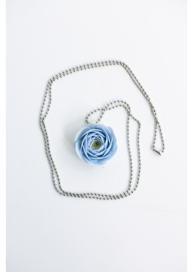 Extra Long Ranunculus Flower Necklace with Handmade Blue Pendant