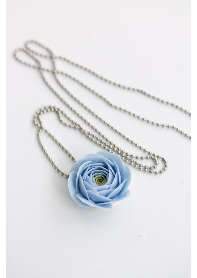 Extra Long Ranunculus Flower Necklace with Handmade Blue Pendant