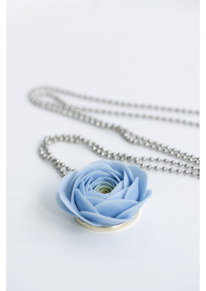 Extra Long Ranunculus Flower Necklace with Handmade Blue Pendant