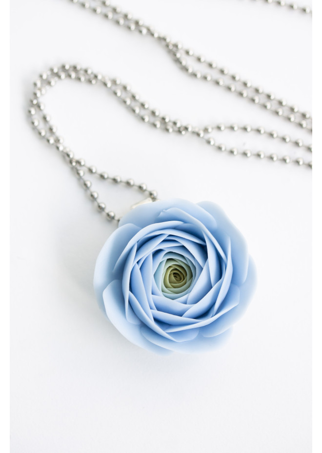Extra Long Ranunculus Flower Necklace with Handmade Blue Pendant