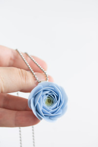 Extra Long Ranunculus Necklace – Blue Flower Pendant – Handmade Polymer Clay Statement Jewelry