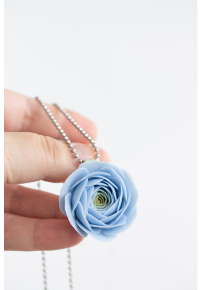 Extra Long Ranunculus Necklace – Blue Flower Pendant – Handmade Polymer Clay Statement Jewelry