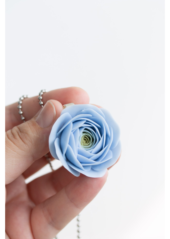Extra Long Ranunculus Flower Necklace with Handmade Blue Pendant