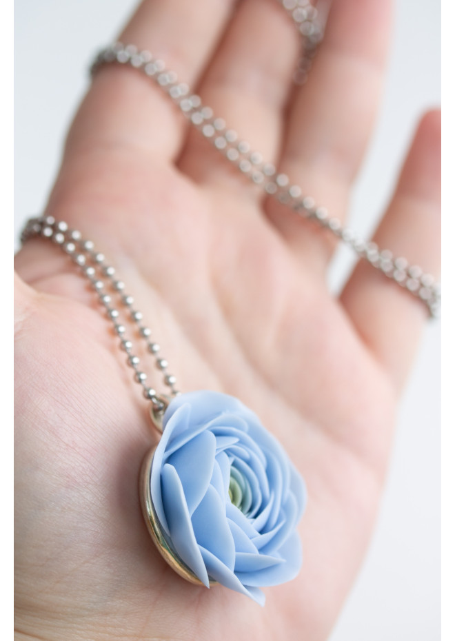 Extra Long Ranunculus Flower Necklace with Handmade Blue Pendant