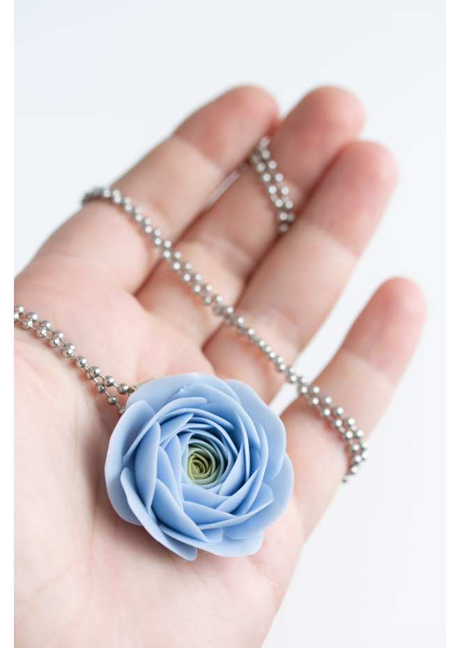 Extra Long Ranunculus Flower Necklace with Handmade Blue Pendant