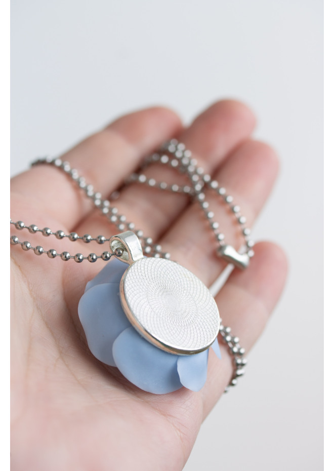 Extra Long Ranunculus Flower Necklace with Handmade Blue Pendant