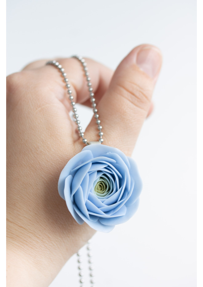 Extra Long Ranunculus Flower Necklace with Handmade Blue Pendant