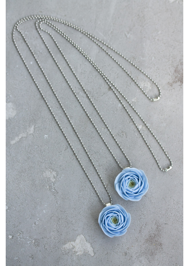 Extra Long Ranunculus Flower Necklace with Handmade Blue Pendant