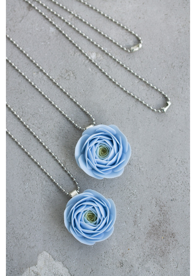 Extra Long Ranunculus Flower Necklace with Handmade Blue Pendant